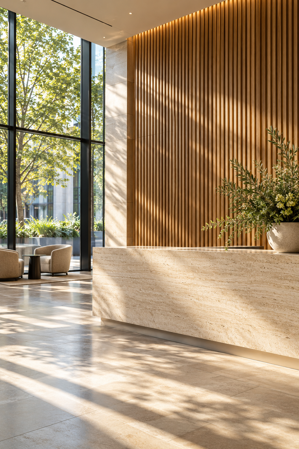 Sunlit reception with natural stone and timber